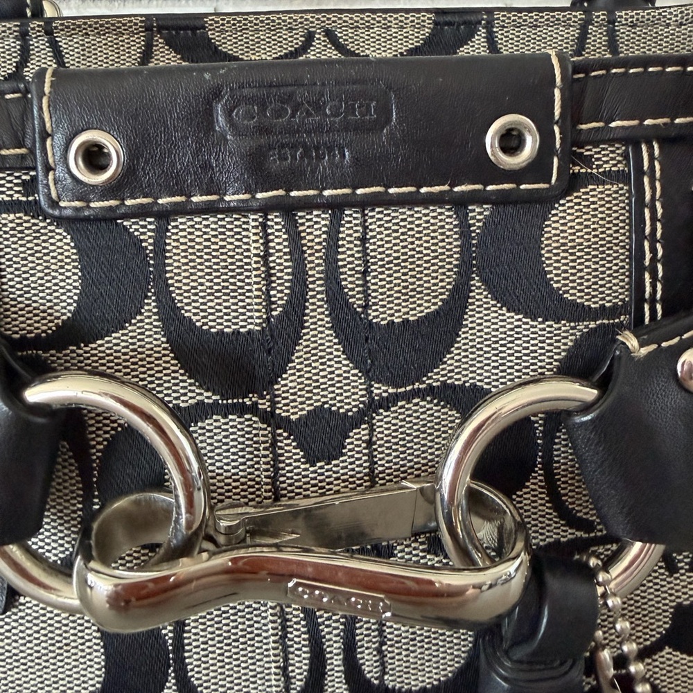 Coach Black and Beige Signature Canvas Satchel with Braided Leather Trim - Picture 4 of 14